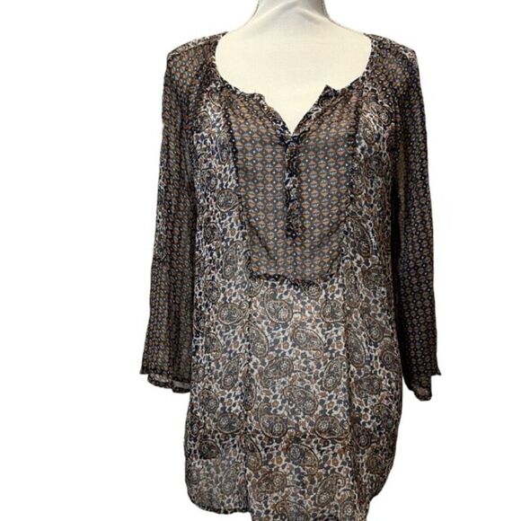 Philosophy Sheer Navy and Gold Tunic Button Front Placket and Paisley Size Large - Picture 1 of 10